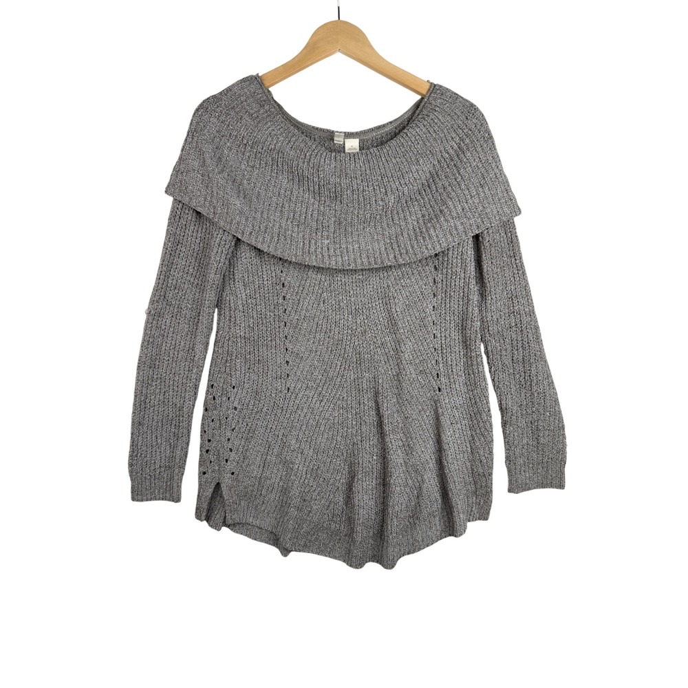 Anthropologie Moth Wide Fold Over Cowl Neck Cable Knit Sweater size Medium Gray